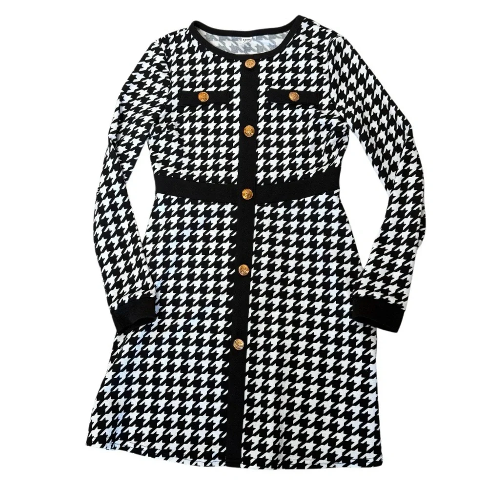 SHEIN Teen Houndstooth Black and‎ White Print Knit Dress Gold Accents SZ 14